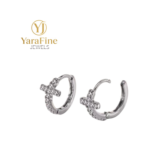 Cross Diamond-Studded S925 Silver Huggie Earrings